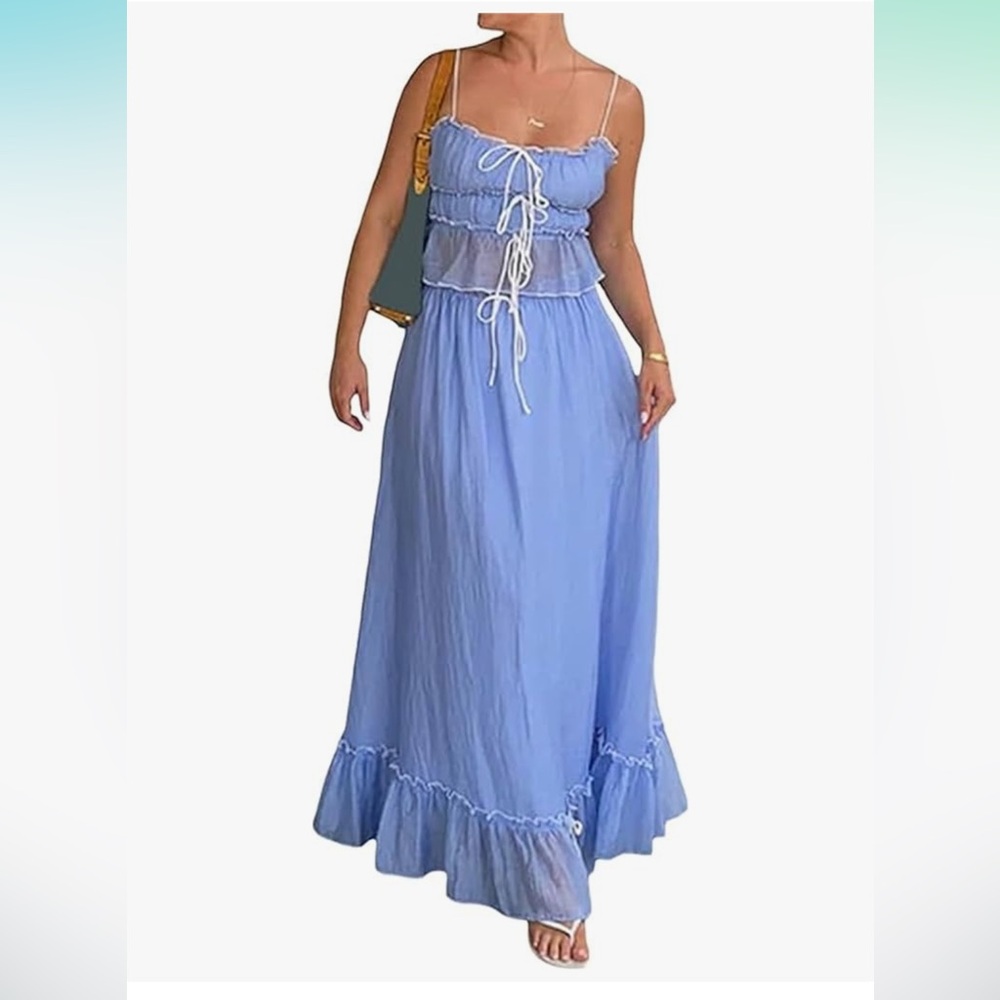 Blue Maxi Dress with Ruffle Details